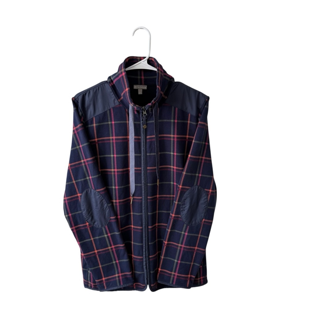 T by Talbots Zip Up Plaid Jacket Size LG Blue Elbow Patch Lightweight Athleisure